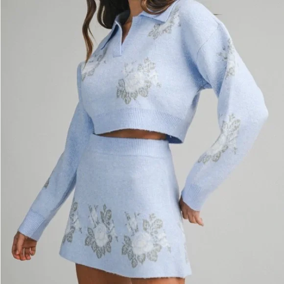 Pink Floral Jacquard Crop Sweater And Skirt Set - Picture 16 of 16